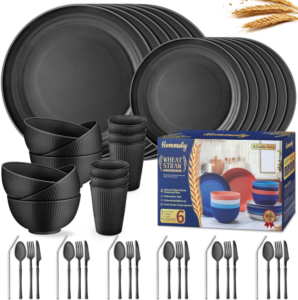 Wheat Straw Dinnerware Sets,48-Piece Plates and Bowls Sets for 6-Unbreakable,Reusable Plastic Dish Set-Dinner Plate/Dessert Plate/Cereal Bowl/Cup/Utensils-Microwavable Dishwasher Safe 48P-Deep Gray
