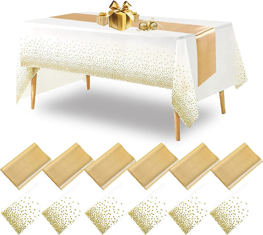 12 Pcs Wedding Satin Table Runner 12 x 108 Inch and Disposable Plastic Tablecloth 54 X 108 Inch, Gold Table Cloths for Parties, Wedding Decoration, Banquet Restaurant, Baby Shower