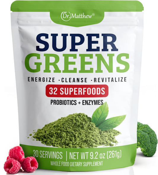 Green Juice Powder. Supergreens Superfood Powder. Detox Greens for Bloating and Digestion. Veggie Powder with Probiotics & Enzymes. Chlorella, Spirulina, Wheat Grass, Ashwagandha. 32 Superfoods