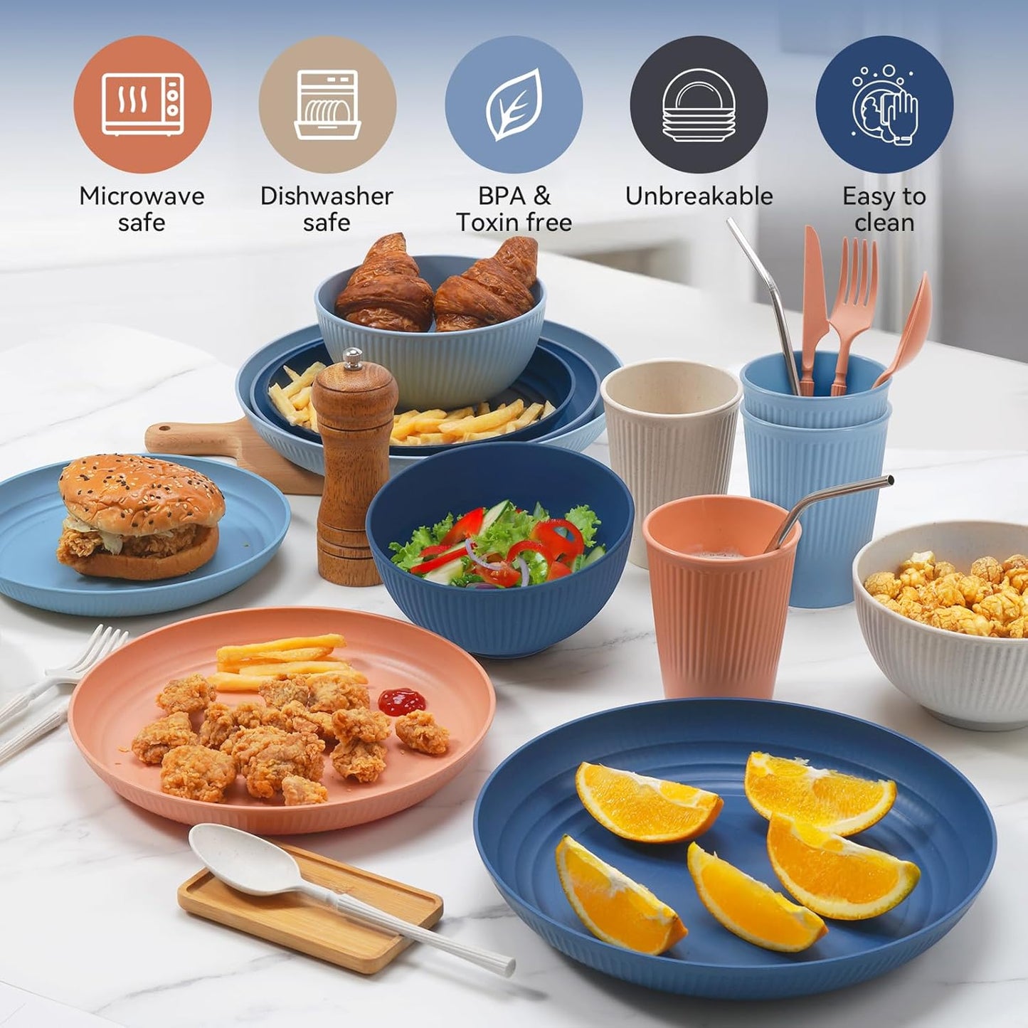 48-Piece Unbreakable Dinnerware Set – Plates, Bowls, Cups & Utensils for 6