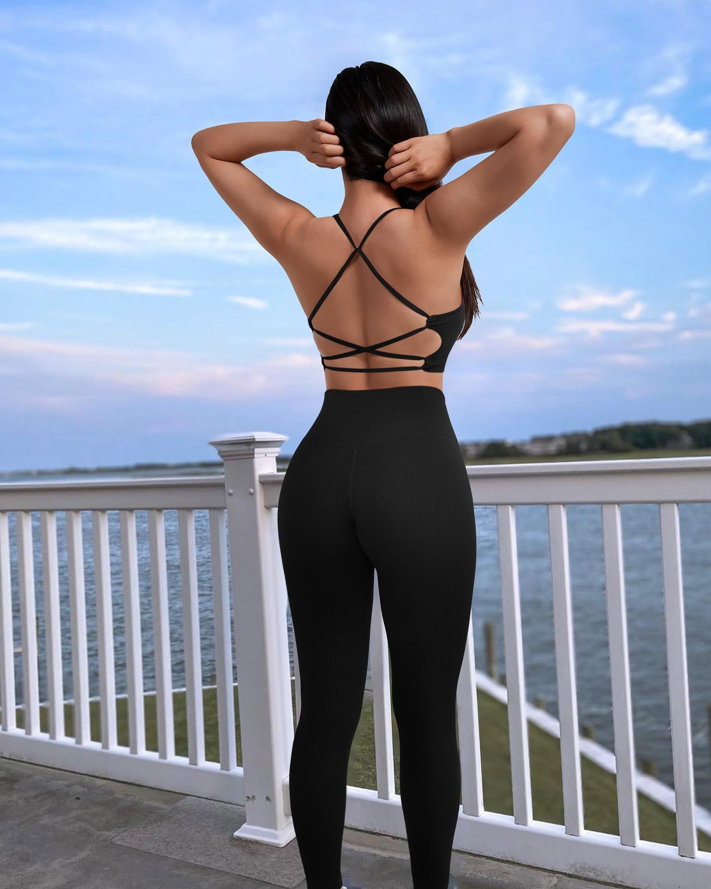 RXRXCOCO Ribbed Workout Sets for Women 2 Piece Backless Strappy Sports Bra Seamless Leggings Matching Set Yoga Outfits