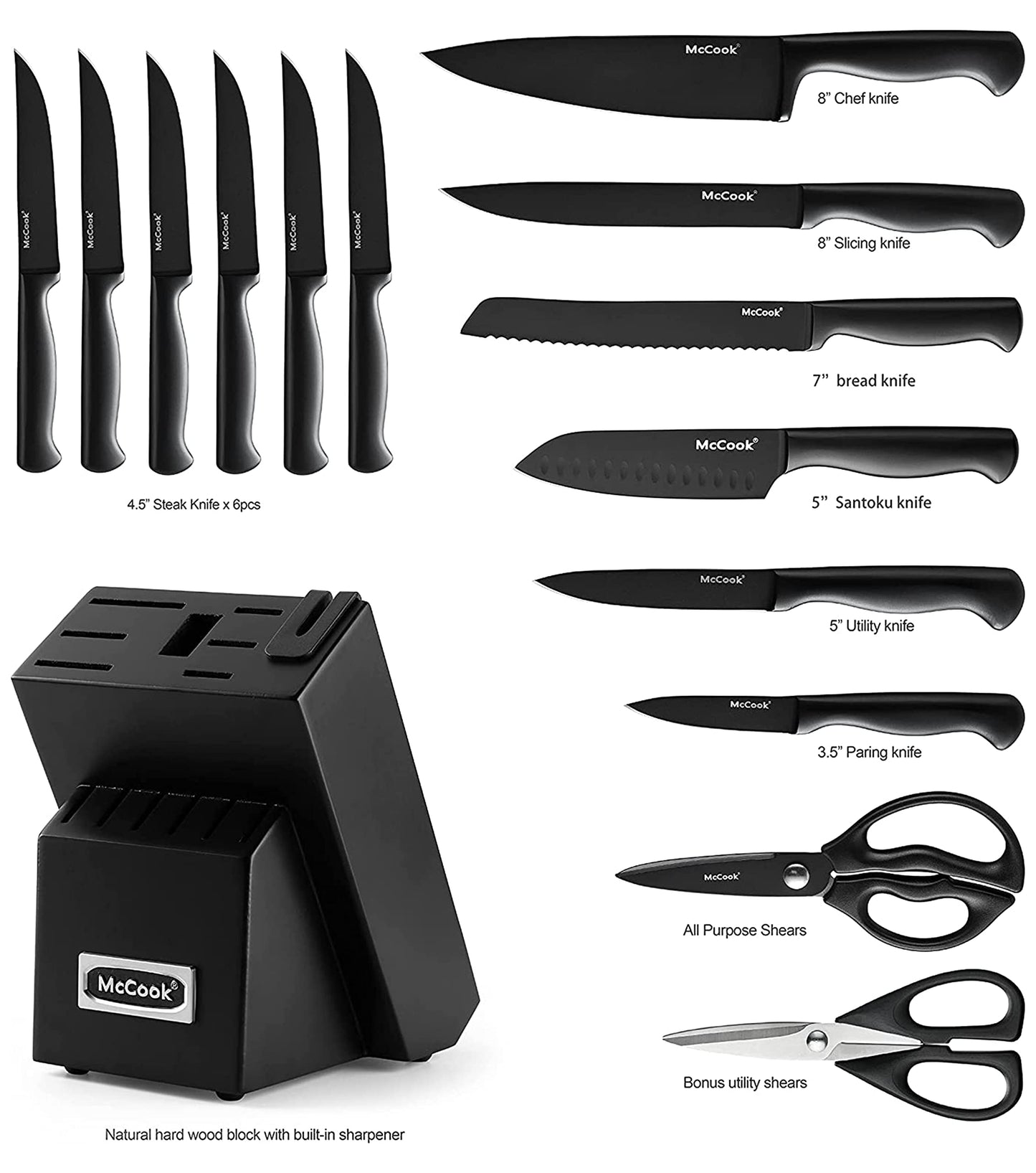 McCook® Knife Sets, Golden Titanium Stainless Steel Kitchen Knife Block Sets with Built-in Sharpener