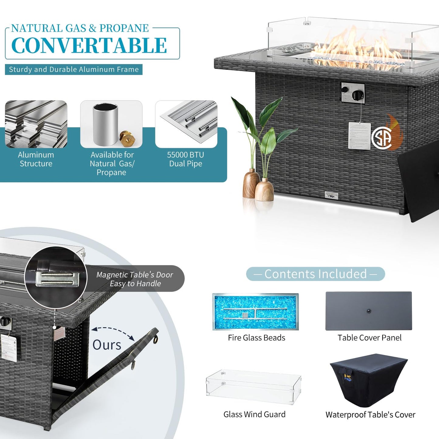 Ensemble de canapé de patio de luxe 13 pièces NICESOUL® avec table de foyer au gaz naturel/propane, ensemble de conversation d'extérieur à dossier haut de 29,3 po, canapé sectionnel extérieur en rotin PE, gris foncé 