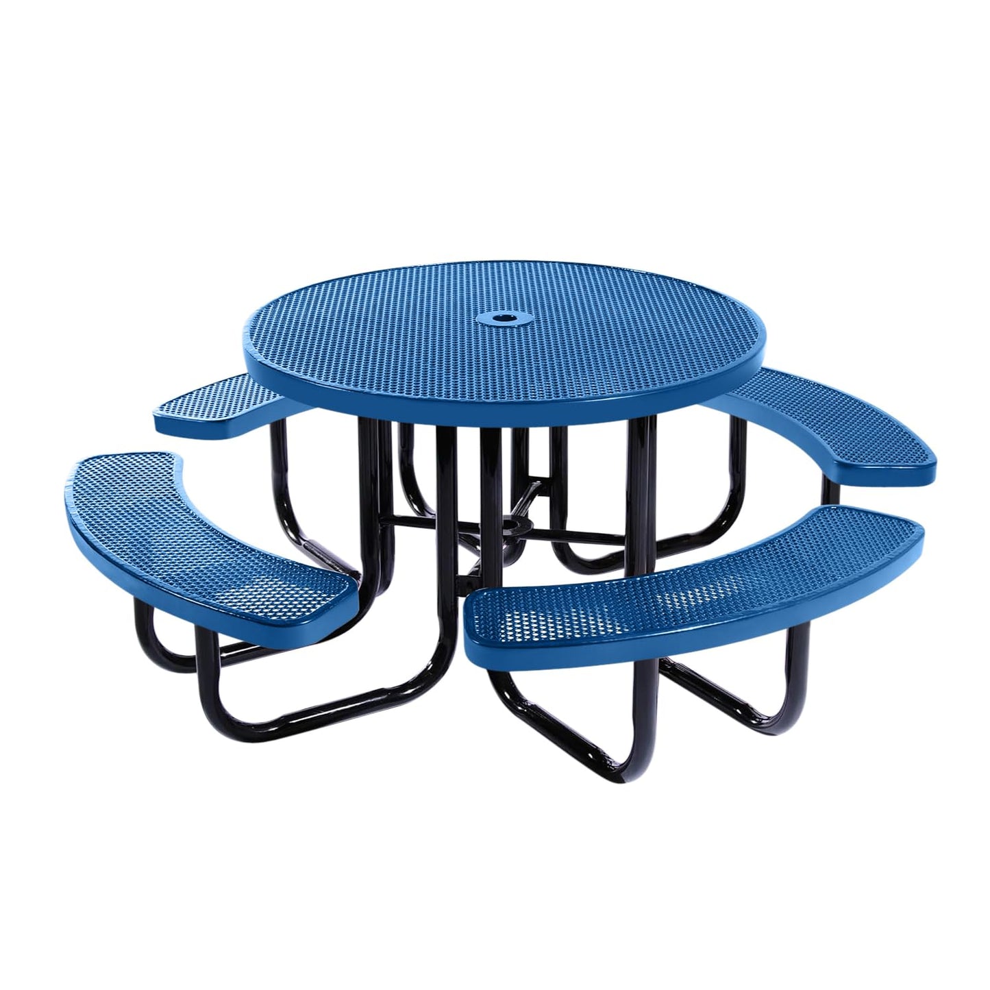 Coated Outdoor Furniture Heavy-Duty Portable Outdoor Picnic Table with Umbrella Hole, Expanded Metal Commercial-Grade Patio Dining Furniture Made in America (46" Round Top, Light Blue)