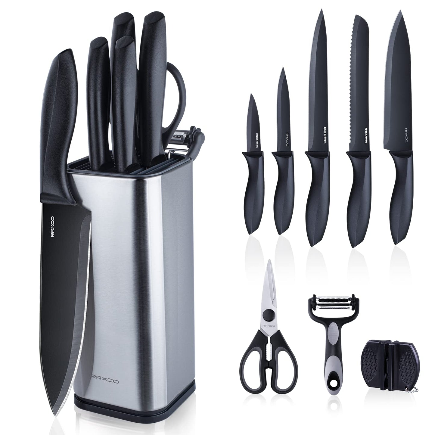 RAXCO Knife Set with Block,10-Piece Kitchen Knives Stainless Steel,Pro-Sharpened for Cooking,Slicing,Mincing,Dicing,Black
