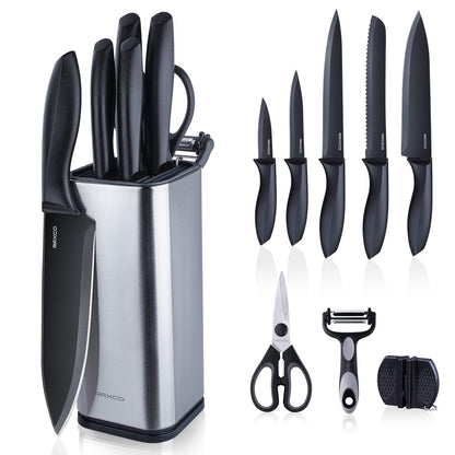 RAXCO Knife Set with Block,10-Piece Kitchen Knives Stainless Steel,Pro-Sharpened for Cooking,Slicing,Mincing,Dicing,Black