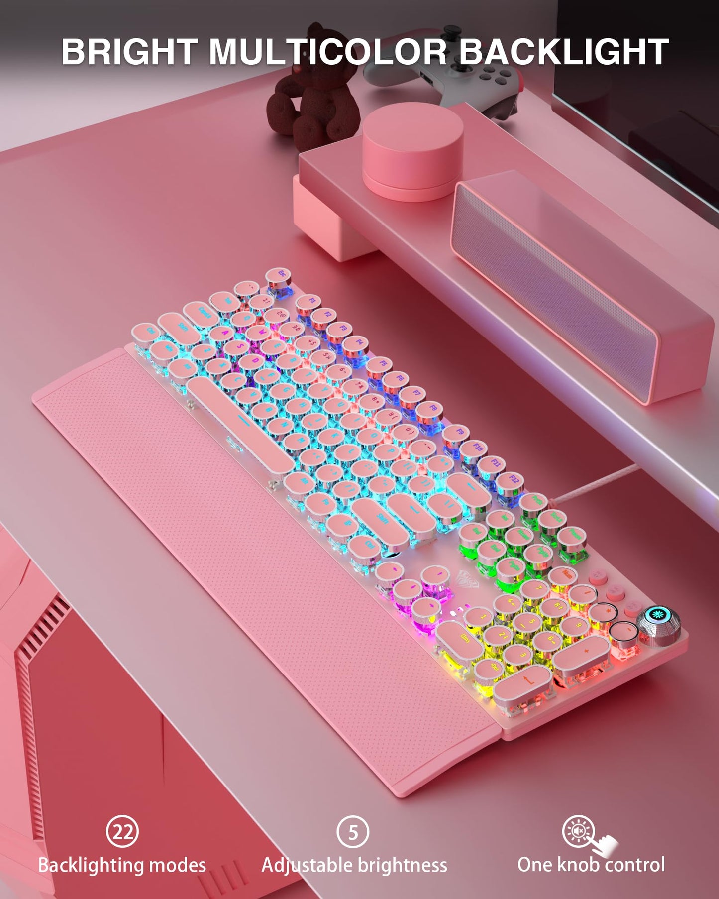 AULA F2088 Mechanical Gaming Keyboard – Blue Switches, Rainbow LED Backlit, Media Knob, Wrist Rest, Retro Typewriter Keycaps, USB Wired