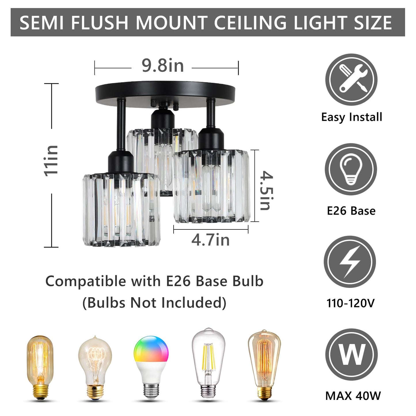 Crystal Semi Flush Ceiling Light – Modern Black Fixture, Clear Shade