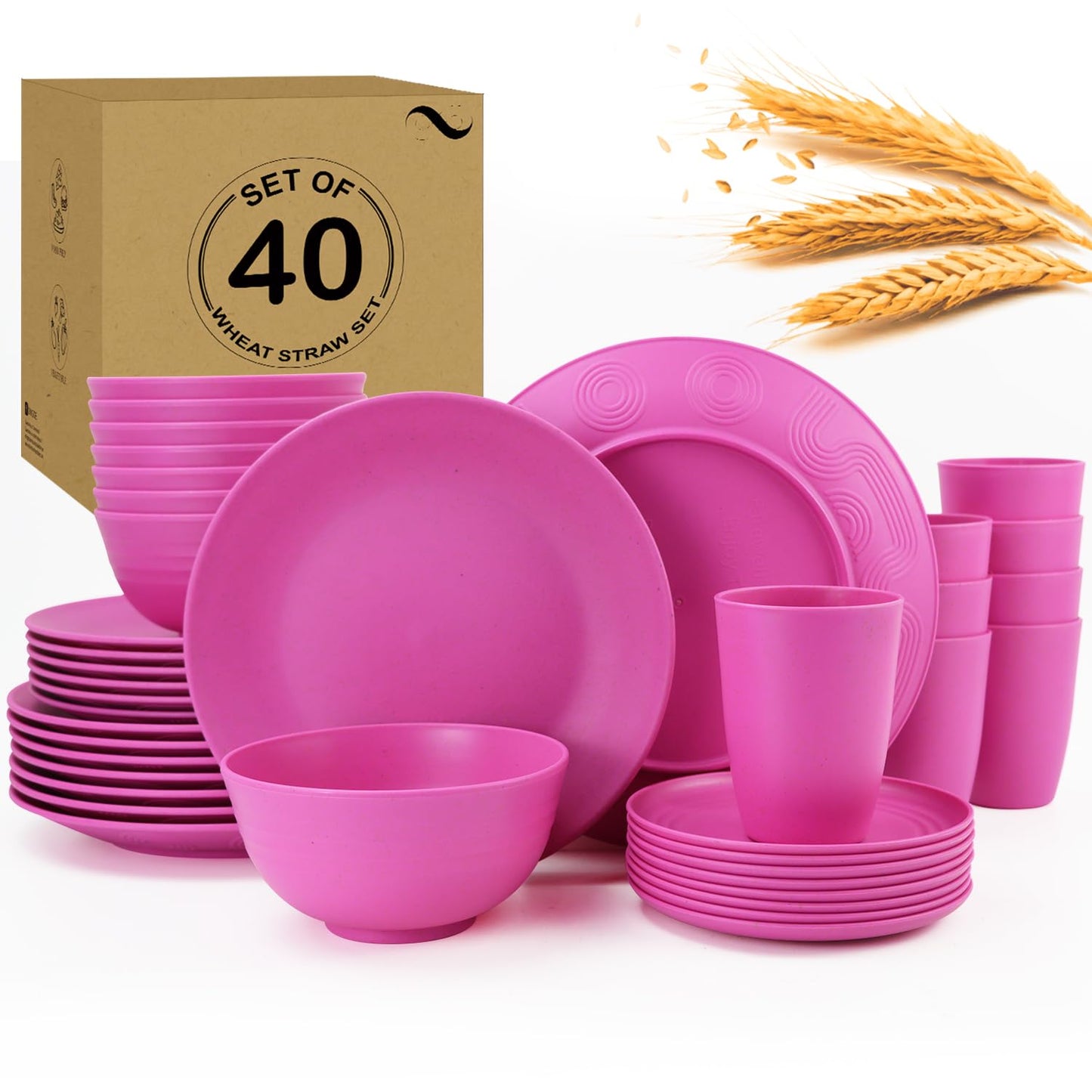 28 Piece Wheat Straw Dinnerware Sets,Dishwasher & Microwave Safe Plates and Bowls Sets - Unbreakable Plastic Dinnerware Sets for 4 Dinner Plates, Cups, Cereal Bowls - Colorful Series