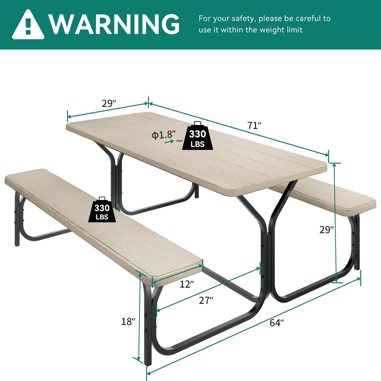 YITAHOME Table de pique-nique d'extérieur de 1,8 m avec plateau en bois, cadre en acier robuste et ouverture pour parapluie, table de pique-nique robuste idéale pour la cour, le patio, les rassemblements sur la pelouse, marron clair 