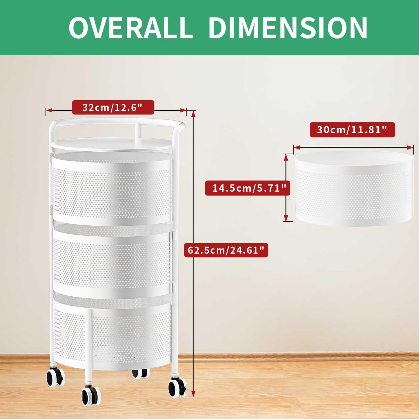 No Assembly Required Vegetable Storage Rack, 4-Tier Rotating Fruit Basket with Wheels, Heavy Duty Carbon Steel Kitchen Storage Cart