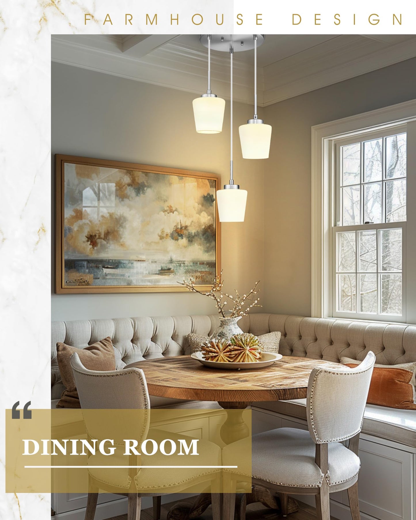 3-Light Pendant Light Fixtures, Brushed Gold Dining Room Light Fixture Over Table, Adjustable Kitchen Island Lighting with Milk White Glass, Farmhouse Hanging Light Fixture, AD-22004-3P-GD