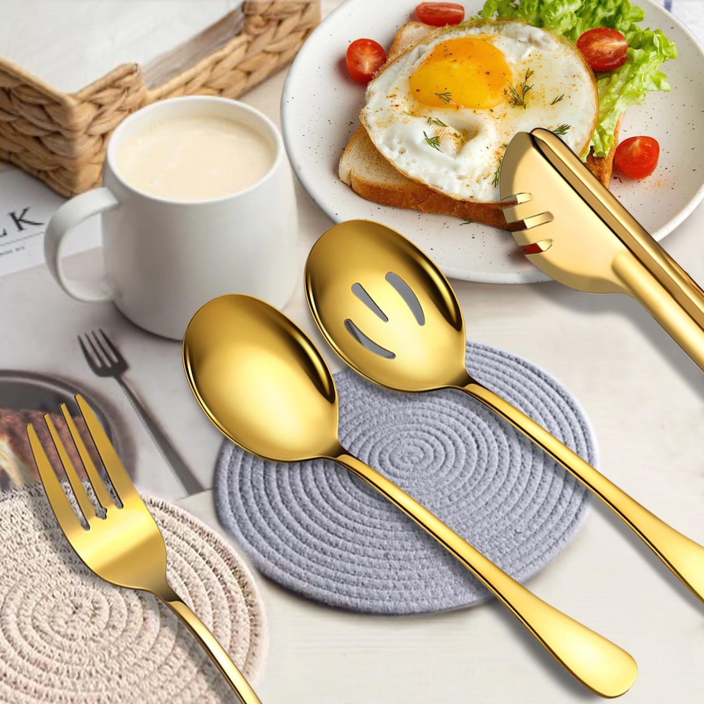 Large Stainless Steel Serving Utensils Set 15 Pcs with 10" Serving Spoon,10" Slotted Spoons,10" Serving Forks,9.5" Serving Tongs,Soup Ladle,Pie Server,Cake/Butter Knife for Buffet/Parties