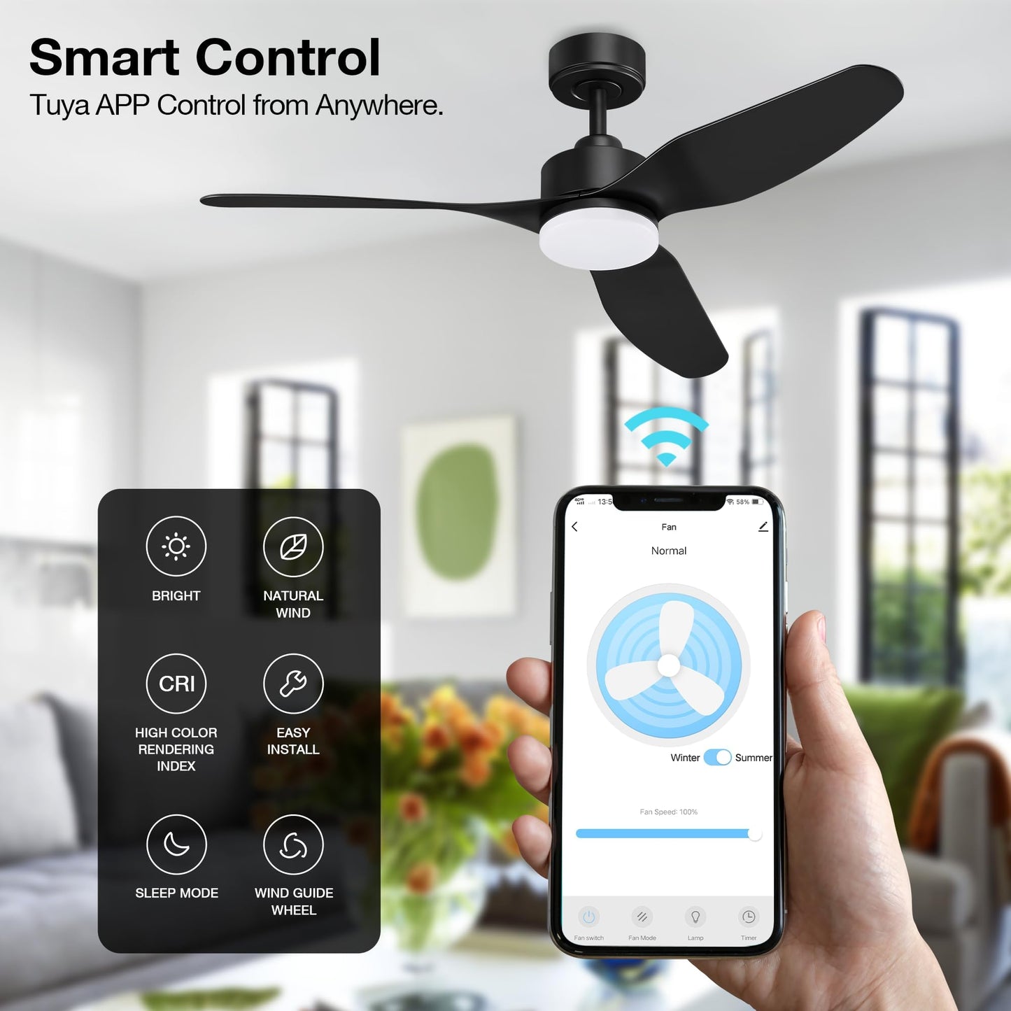 Smart LED Ceiling Fan – WiFi/Alexa Control, Quiet DC Motor, Indoor/Outdoor