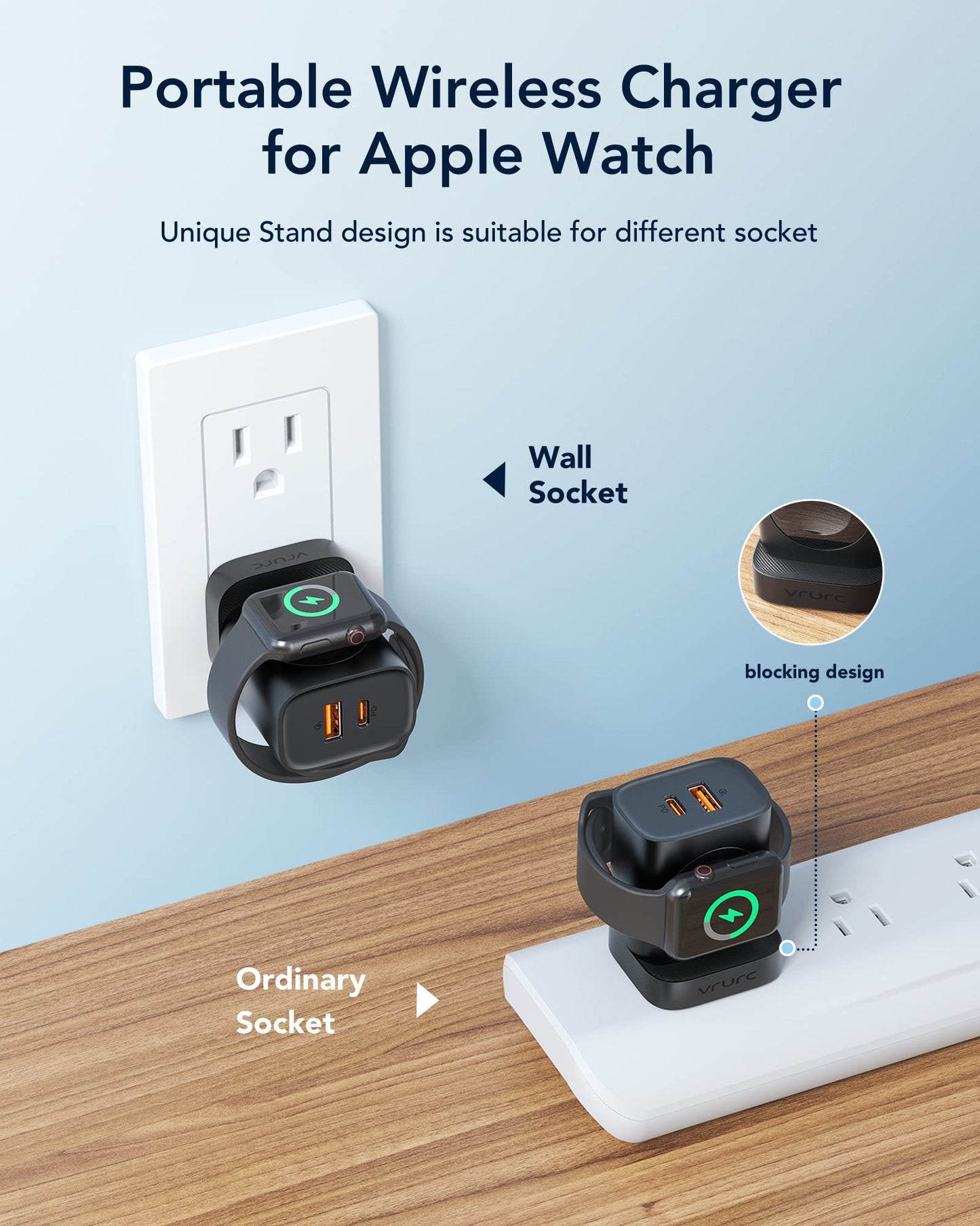 VRURC für Apple Watch-Ladegerät, PD 20 W 3-in-1-Schnellladeblock mit magnetischem kabellosem Laden und zwei Anschlüssen, faltbarer Stecker USB C-Wandladegerät für iPhone 15 14 13, Android, Tablets usw. - Schwarz 