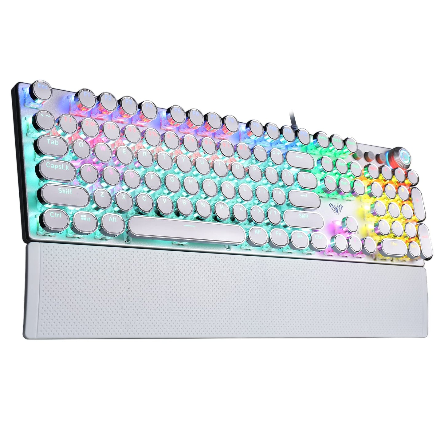 AULA F2088 Mechanical Gaming Keyboard – Blue Switches, Rainbow LED Backlit, Media Knob, Wrist Rest, Retro Typewriter Keycaps, USB Wired