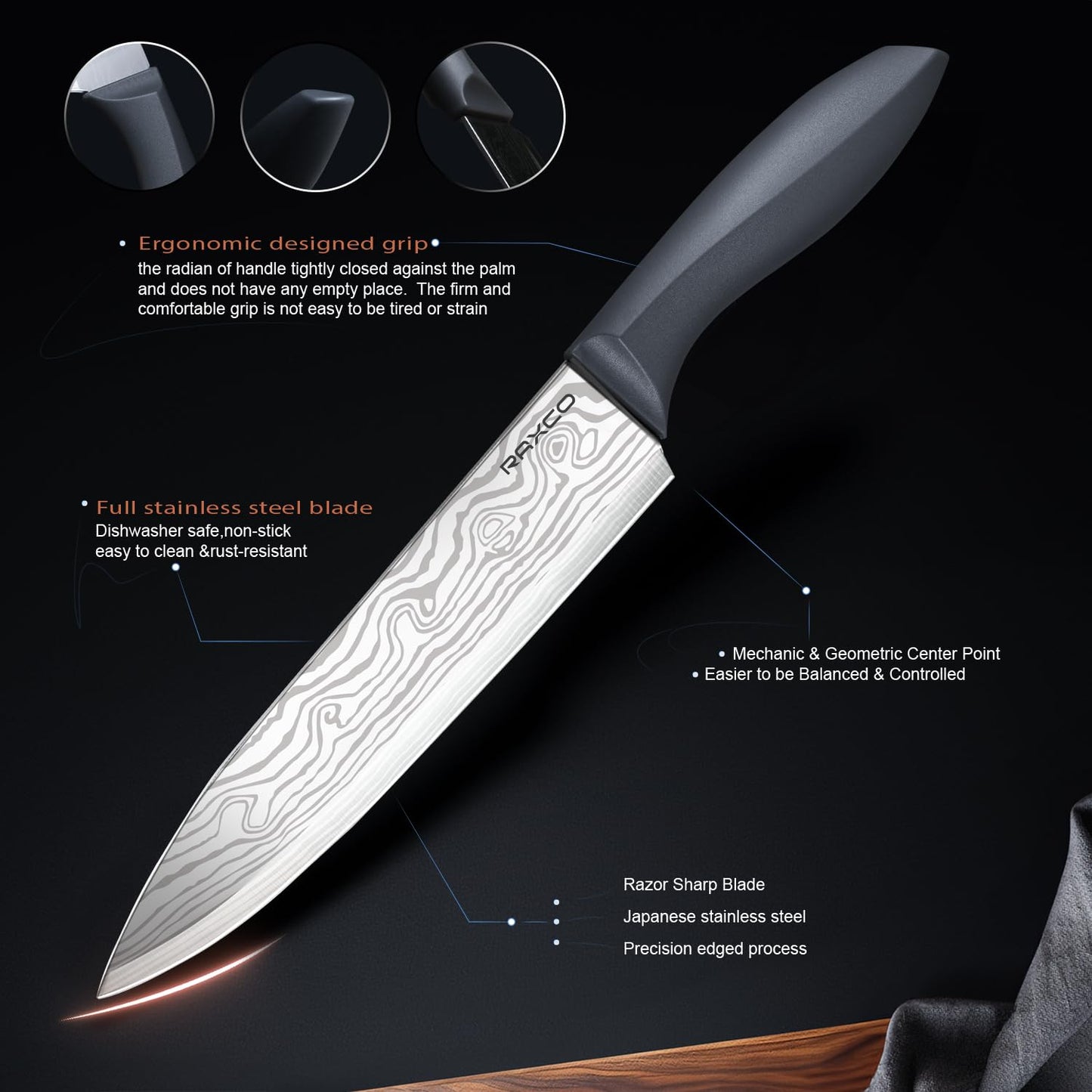RAXCO Knife Set with Block,10-Piece Kitchen Knives Stainless Steel,Pro-Sharpened for Cooking,Slicing,Mincing,Dicing,Black