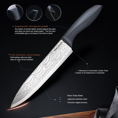 RAXCO Knife Set with Block,10-Piece Kitchen Knives Stainless Steel,Pro-Sharpened for Cooking,Slicing,Mincing,Dicing,Black