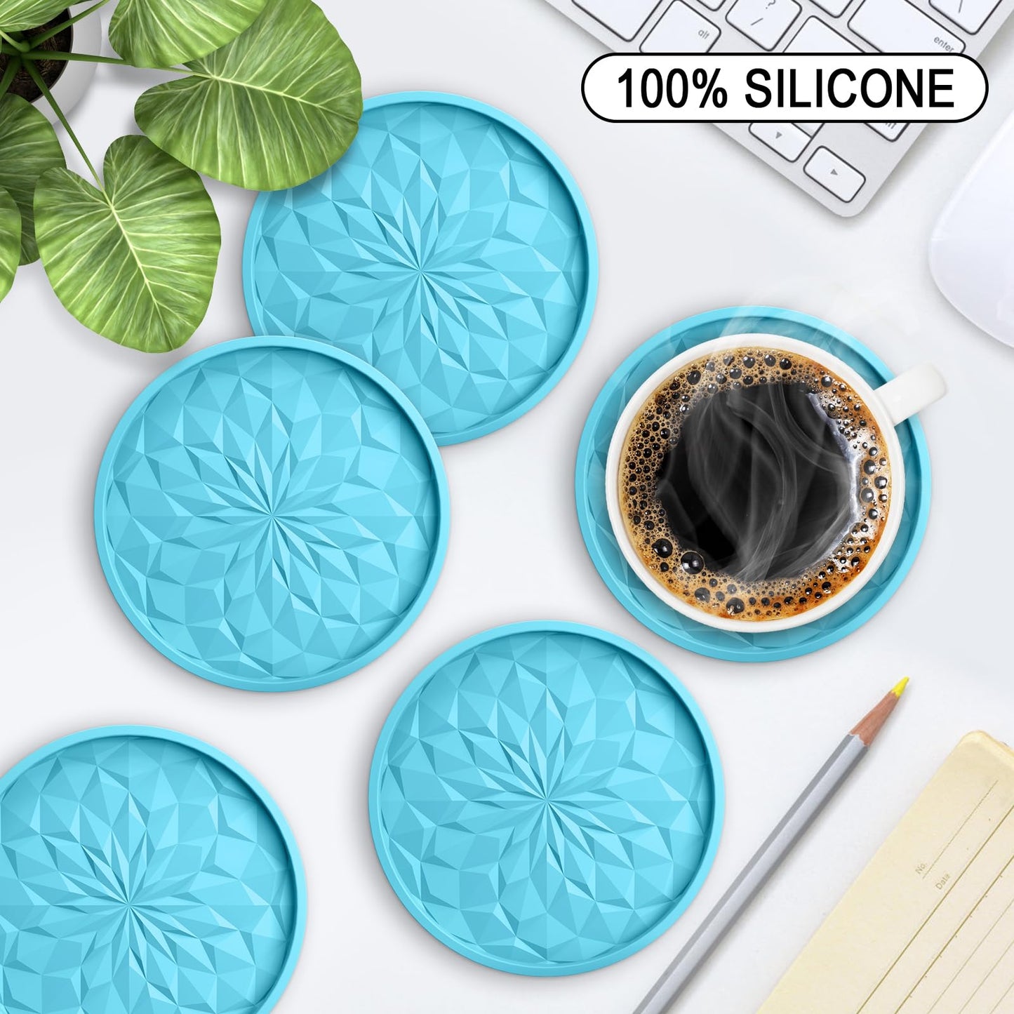 Dessous de verre en silicone ME.FAN [Lot de 6] Dessous de verre avec support - Dessous de verre - Tapis de tasse pour boissons - Pour boissons chaudes ou froides Épais, antidérapant, antiadhésif, plateau profond Bleu sarcelle 