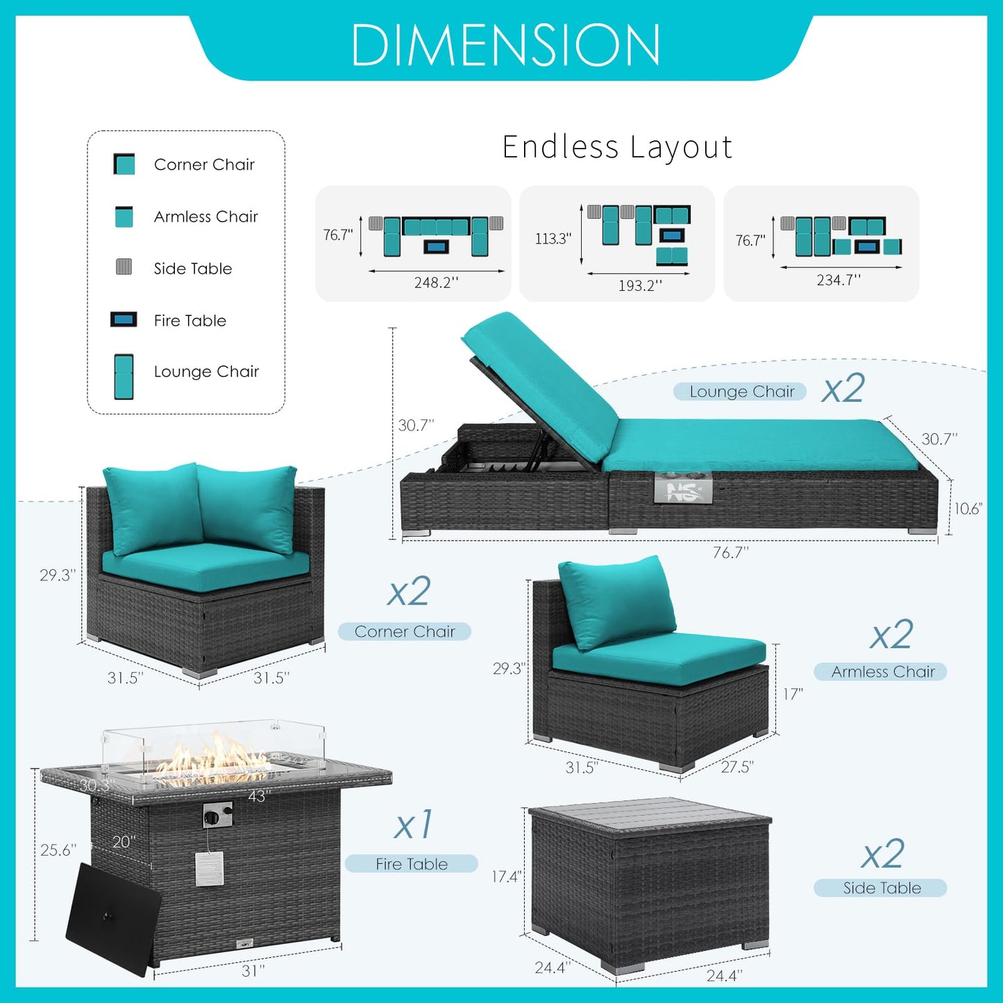 NICESOUL® 13-teiliges großes Luxus-Sofaset für die Terrasse mit Feuerstelle für Erdgas/Propan, 74 cm hohe Rückenlehne, Garten-Sitzgruppe, Gartensofa aus PE-Rattan, dunkelgrau 