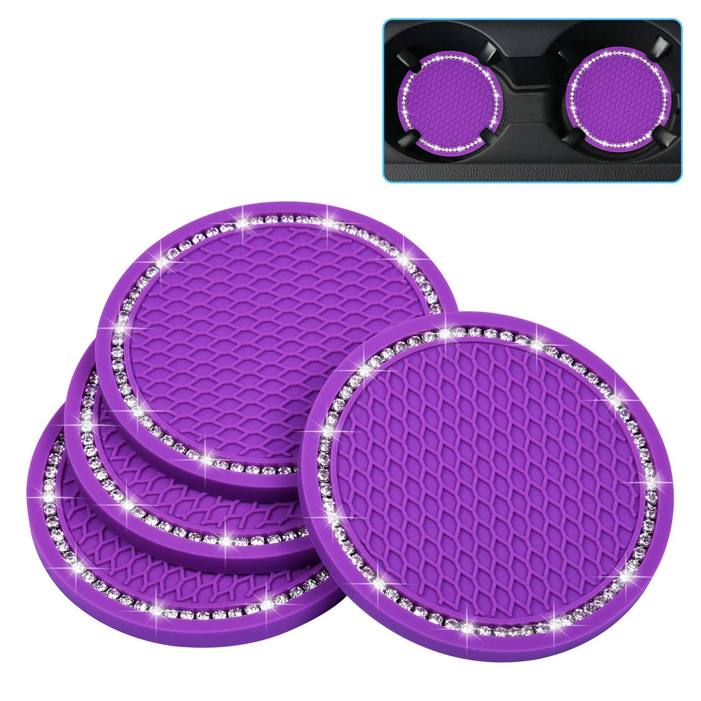 Dessous de verre Bling Car, Wisdompro Lot de 4 dessous de verre en PVC pour porte-gobelet de voiture - Accessoires d'intérieur de véhicule universels antidérapants Tapis de tasse à paillettes en cristal pour femmes et hommes (2,75" de diamètre, noir) 