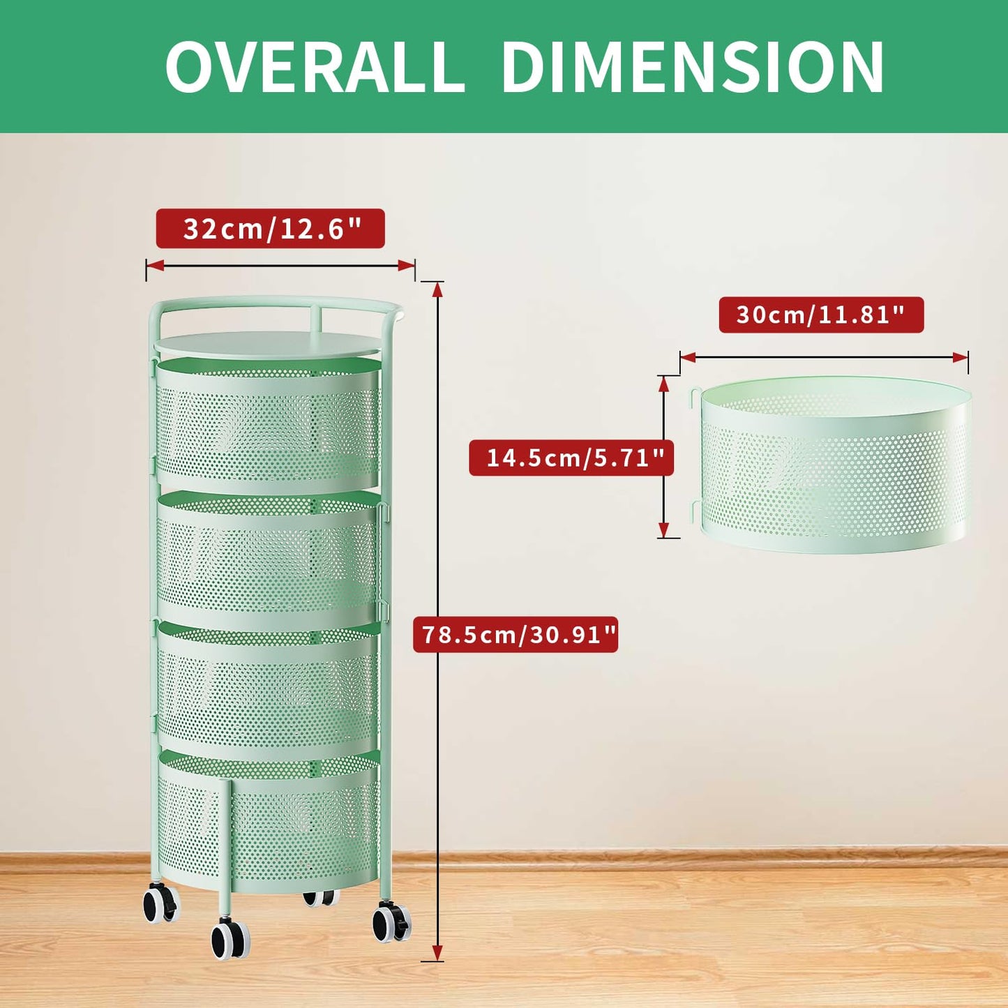 No Assembly Required Vegetable Storage Rack, 4-Tier Rotating Fruit Basket with Wheels, Heavy Duty Carbon Steel Kitchen Storage Cart