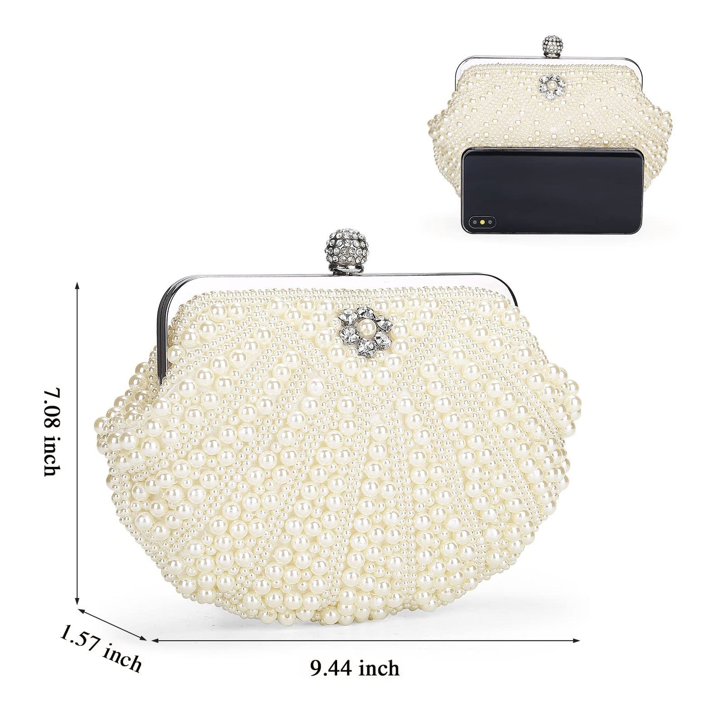 UBORSE Women Pearl Clutch Bag Noble Crystal Beaded Evening Bag Wedding Clutch with Pearl Chain