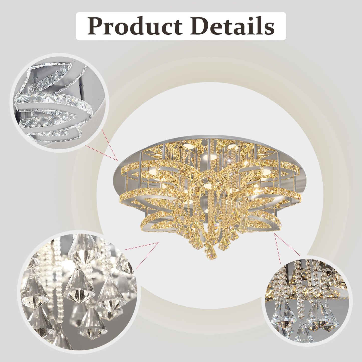 Flashing God W40 Modern Crystal Chandelier for Living Room Crystal Flush Mount LED Gold Ceiling Light Fixture for Foyer Dining Room Hallway Dimmable 2700k 4500k 6000k