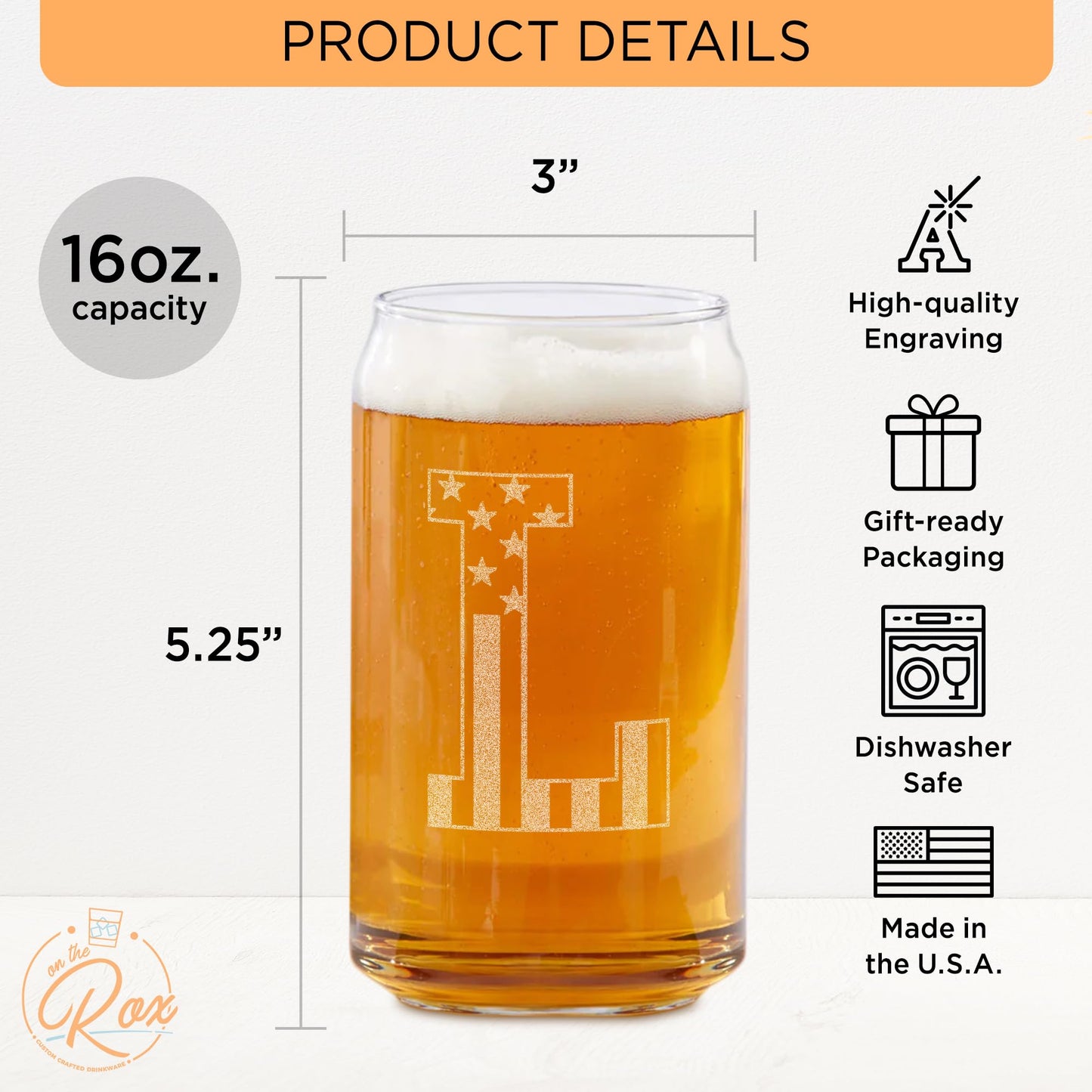 Monogram Beer Glasses for Men (A-Z) 16 oz - Engraved Beer Gifts for Men Brother Son Dad Neighbor - Unique Christmas Gifts for Him - Personalized Drinking Gift Beer Glass Mugs (J)