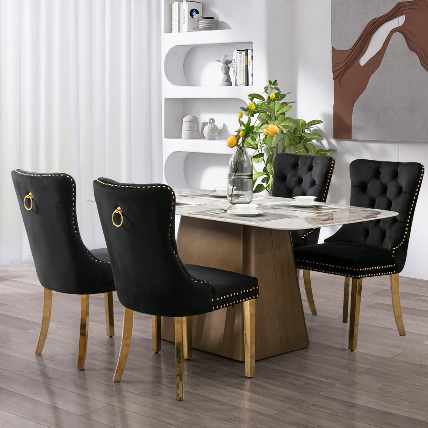 Lot de 8 chaises de salle à manger en cuir SoarFlash, chaise d'appoint à dossier haut, chaise d'appoint rembourrée moderne avec anneau de dossier à boutons, pieds en bois massif (noir et gris) 