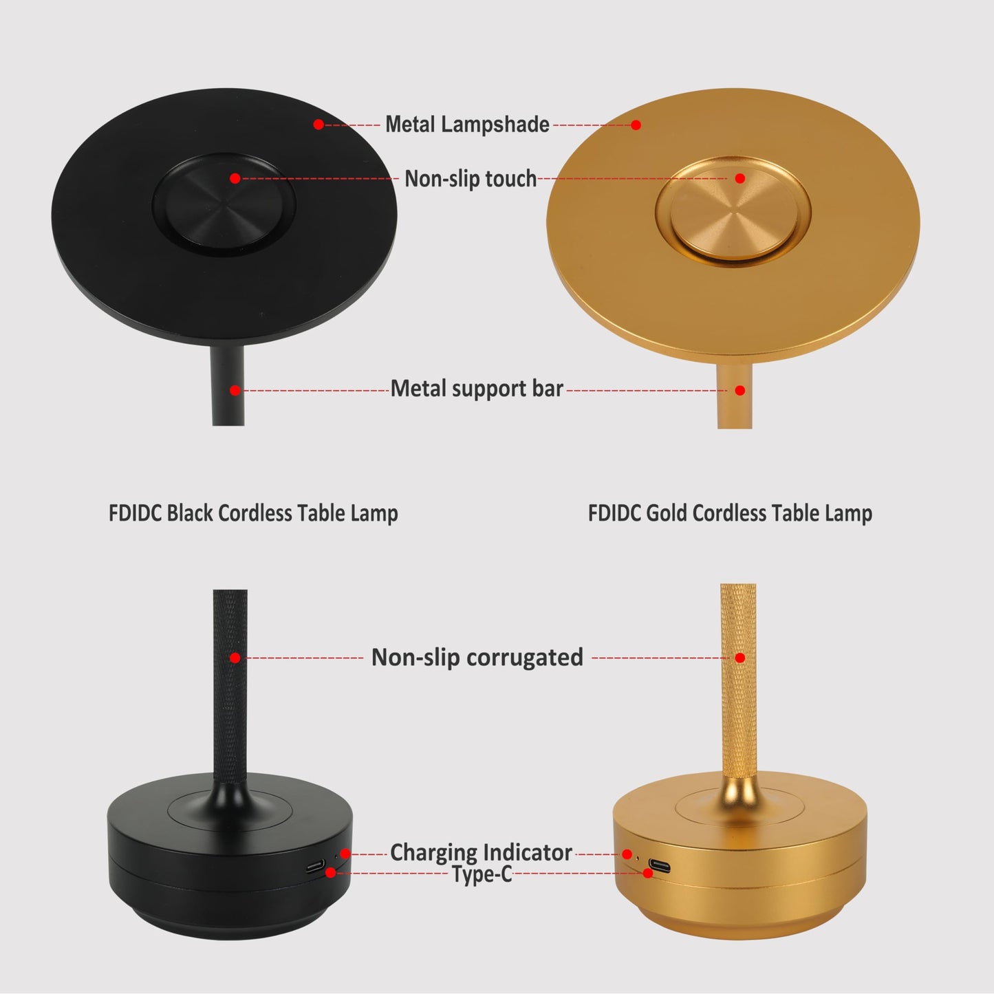 Lot de 2 lampes de table sans fil rechargeables, lampe de table USB tactile alimentée par batterie, lampe de table LED portable pour patio/table à manger/bar/table d'extérieur [or bruni] 