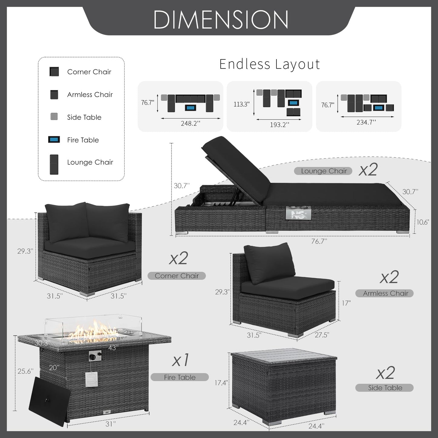 NICESOUL® 13-teiliges großes Luxus-Sofaset für die Terrasse mit Feuerstelle für Erdgas/Propan, 74 cm hohe Rückenlehne, Garten-Sitzgruppe, Gartensofa aus PE-Rattan, dunkelgrau 