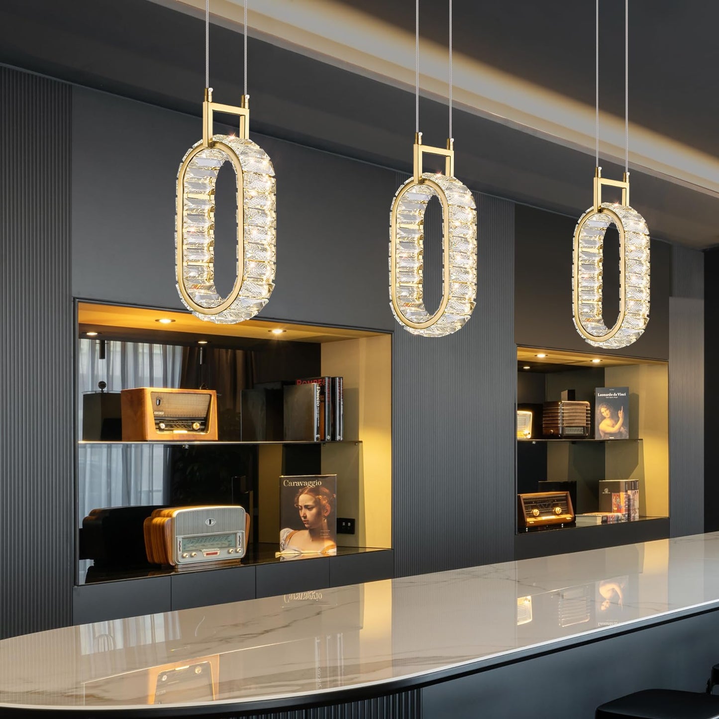 Mini-Leuchte für Kücheninseln, moderne LED-Pendelleuchte aus Kristall, rechteckiger Kronleuchter in Gold für Esszimmer, Wohnzimmer, Küche, Schlafzimmer, Bar (1 Stück) 