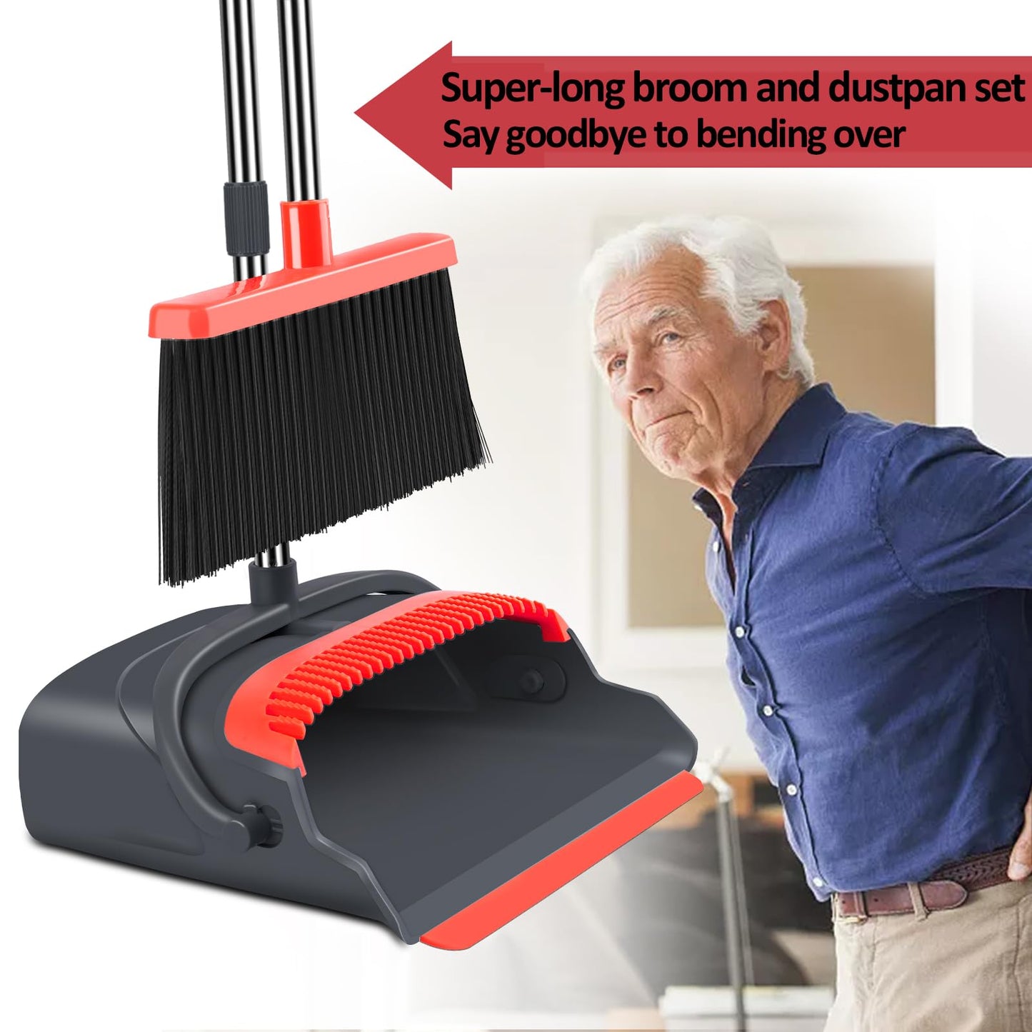 kelamayi Broom and Dustpan Set for Home, Stand Up Broom and Dustpan Combo for Office, Indoor&Outdoor Sweeping (Black&Red)