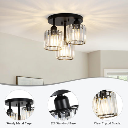 3-Light Crystal Semi Flush Mount Ceiling Light | Black Modern Fixture for Kitchen, Hallway & Bedroom