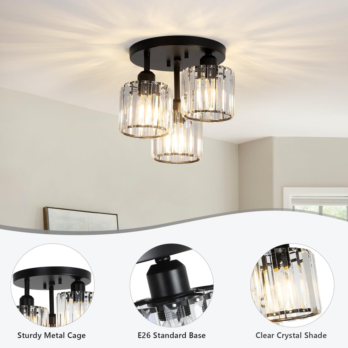 Crystal Semi Flush Ceiling Light – Modern Black Fixture, Clear Shade