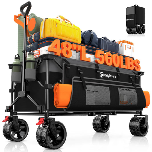 48" L Collapsible Wagon Cart Foldable, 560LB Weight Capacity 300L Heavy Duty Folding Beach Wagons with Big All-Terrain Wheels, Utility Carts for Groceries, Shopping, Camping, Sports - Black