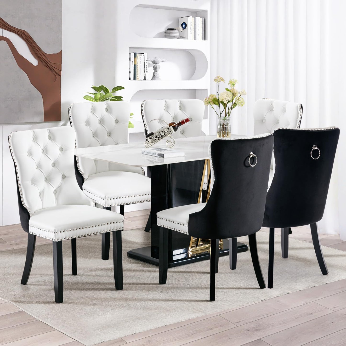 SoarFlash Leather Dining Chairs Set of 8, Tall Back Side Chair, Modern Upholstered Side Chair with Button Back Ring, Solid Wood Legs (Black&Grey)