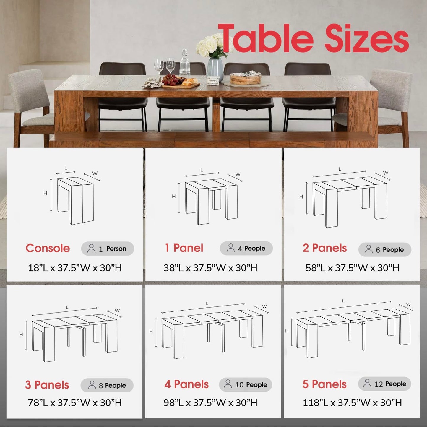 Transformer Table Dining Table Set for 4 to 12, Extendable Wood Dining Table with Expandable Bench, Small Space Furniture, Kitchen Table Set (Dark Grey, Table + Bench)