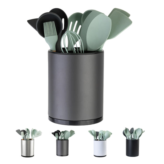 Support à ustensiles de cuisine extra large rotatif à 360 ° pour organisateur de comptoir en acier inoxydable, rangement pour couverts de cuisine, 3 compartiments, cuillère, spatule, outil, conteneur à couverts (gris) 