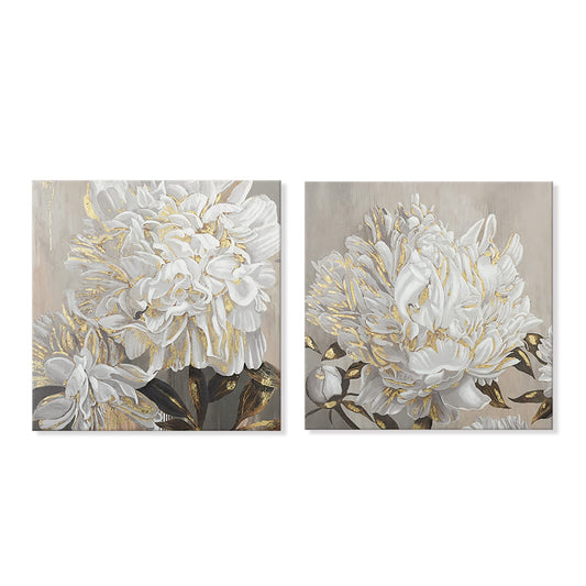 Goldfoilart Blumen-Wandkunst, florales Dekor, moderne weiße blühende Bilder mit Goldfolien-Gemälden, gerahmte Kunstwerke für Wohnzimmer, Schlafzimmer, Küchendekoration, 61 x 61 cm, 2 Stück 