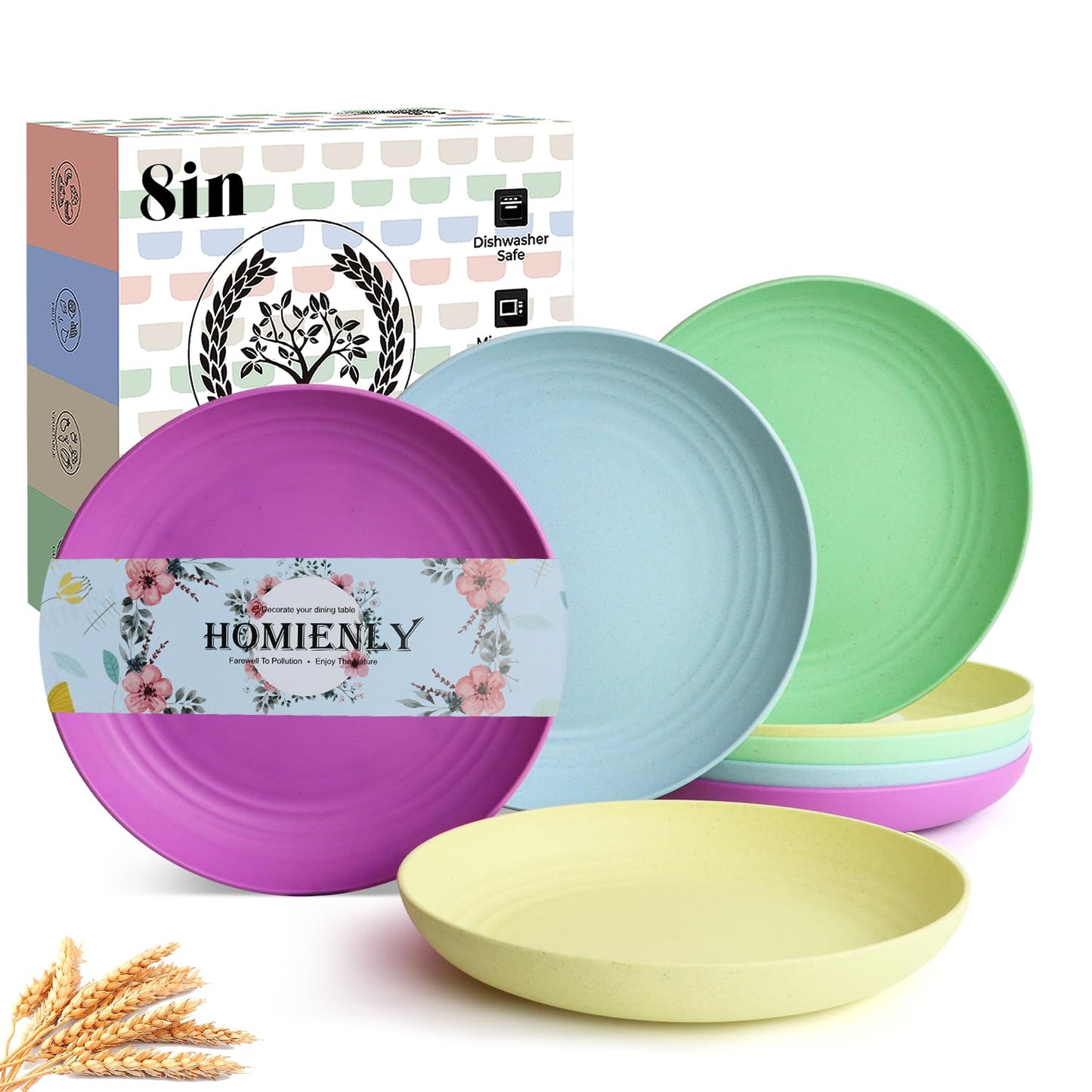 Homienly Wheat Straw Dinner Plates – Unbreakable set of 8