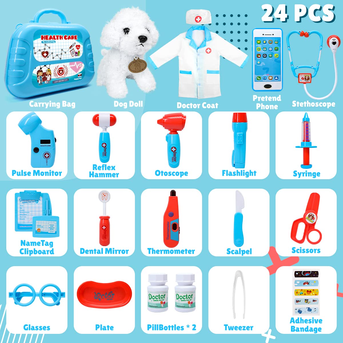 Meland Toy Doctor Kit for Girls - Pretend Play Doctor Set with Dog Toy, Carrying Bag, Stethoscope Toy & Dress Up Costume - Doctor Play Gift for Kids Toddlers Ages 3 4 5 6 Year Old for Role Play