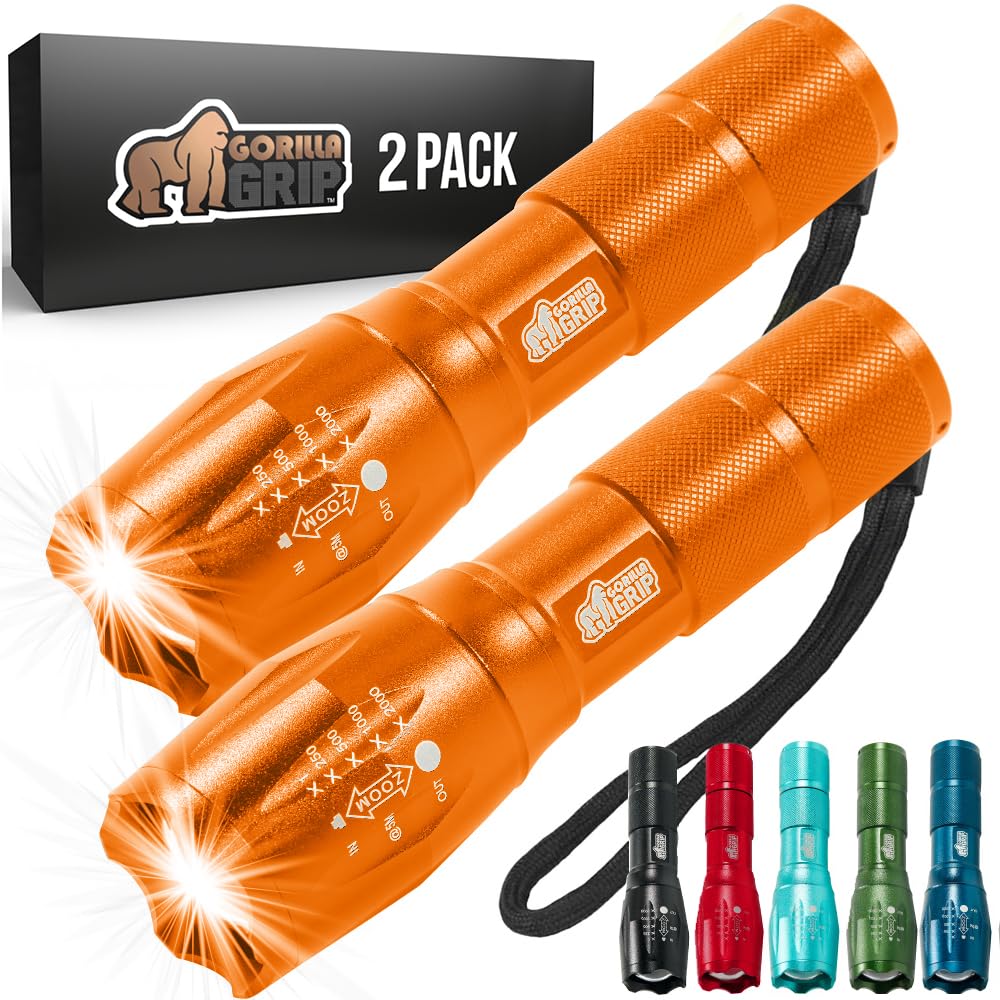 Gorilla Grip Powerful LED 750 FT Water Resistant 5 Adjustable Mode Tactical Flashlight, High Lumens Ultra Bright Battery Zoom Flashlights, Small Camping Car Mini Flash Light Accessories, 2 Pack Gold