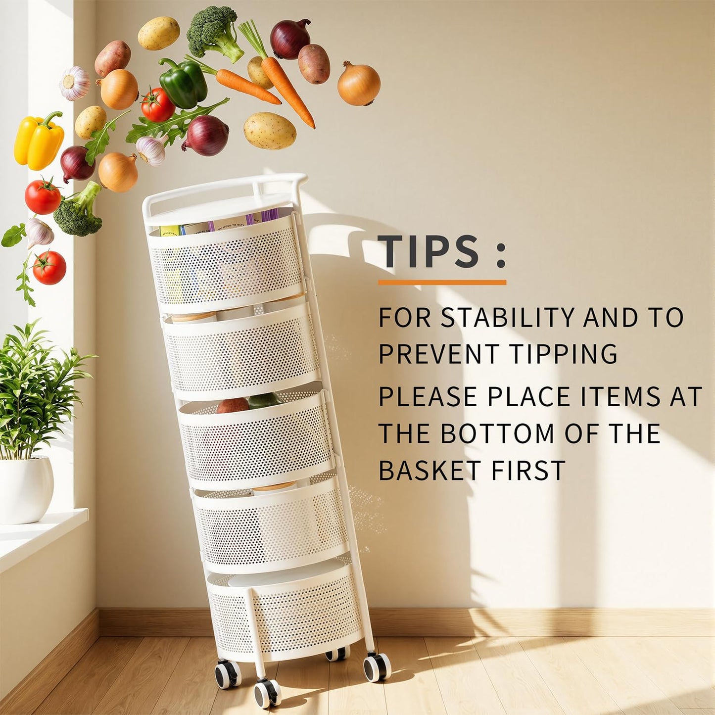No Assembly Required Vegetable Storage Rack, 4-Tier Rotating Fruit Basket with Wheels, Heavy Duty Carbon Steel Kitchen Storage Cart