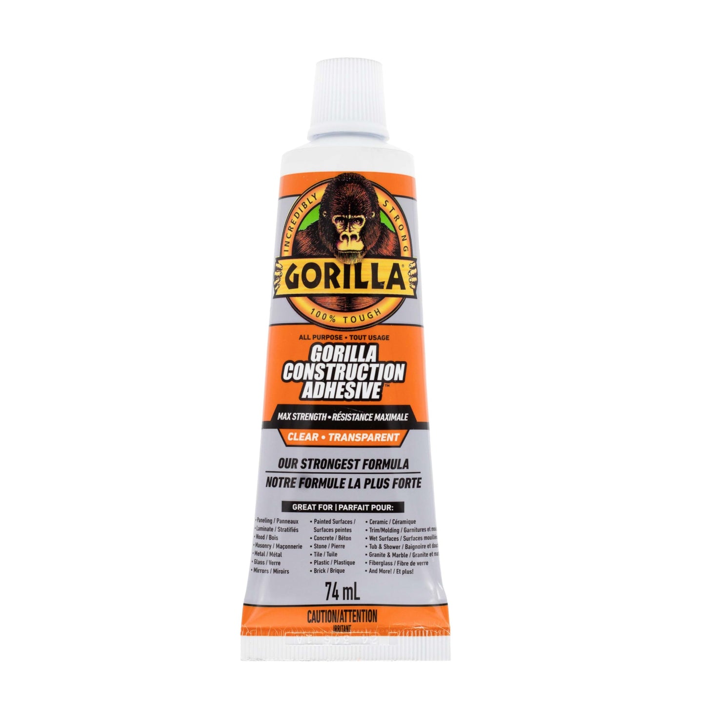 Gorilla Max Strength Construction Adhesive, Clear Glue, Squeeze Tube - Gap Filling and Waterproof