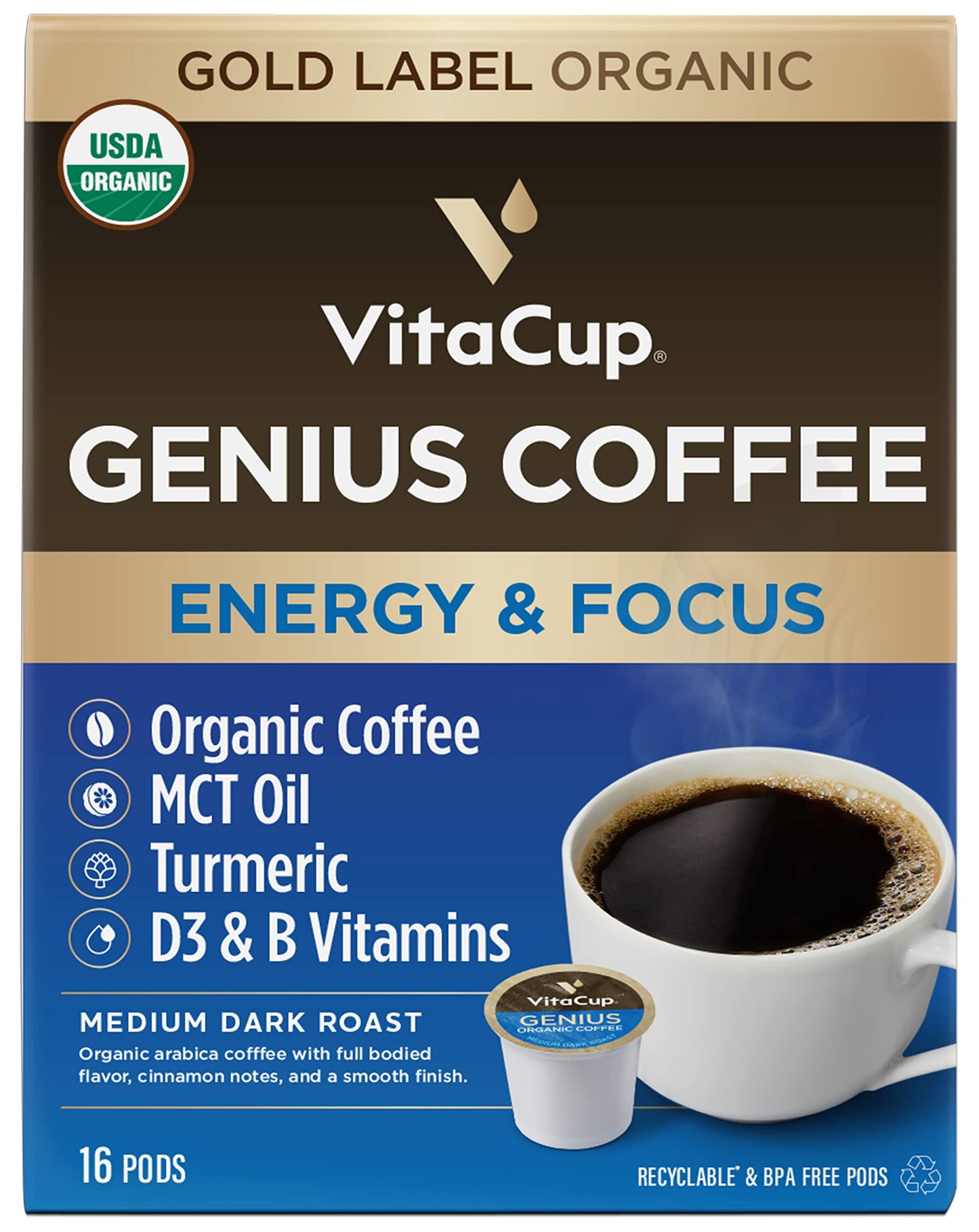 VitaCup Lightning Kaffeepads, für Gedächtnis und Konzentration mit 2x Koffein, grüne Kaffeebohnen, B-Vitamine, D3, starker dunkel gerösteter Kaffee, recycelbare Einzelportionspads, kompatibel mit Keurig K-Cup Kaffeemaschinen, 16 Stück 