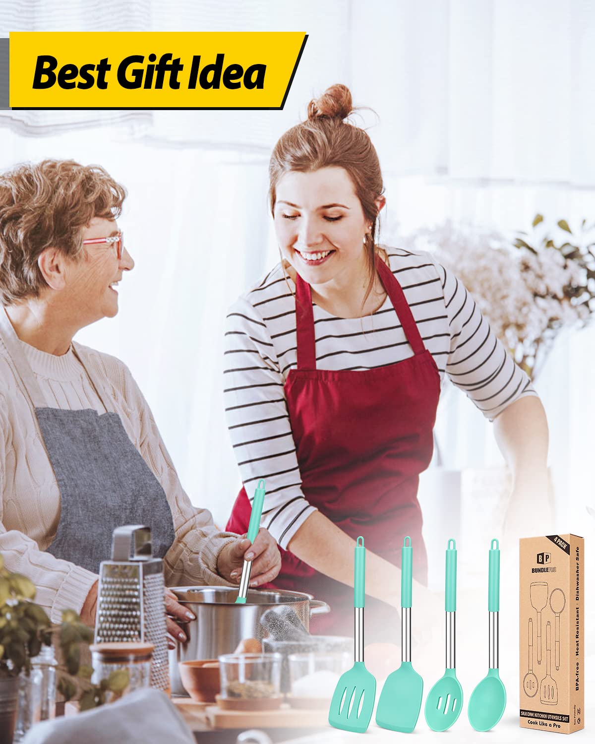 4er-Set Kochutensilien aus Silikon, große, massive, antihaftbeschichtete Spatel, hitzebeständige Schlitzlöffel in Roségold-Khaki, ideale BPA-freie Küchenwender zum Braten, Mischen, Servieren, Abtropfen und Wenden. 