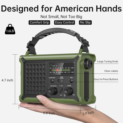 Solar Radio Emergency Hand Crank 12000mAh with Clear Signal, AM FM NOAA Weather Radio Battery Operated with 2-Mode LED Flashlight Cell Phone Charger Dual Outputs SOS