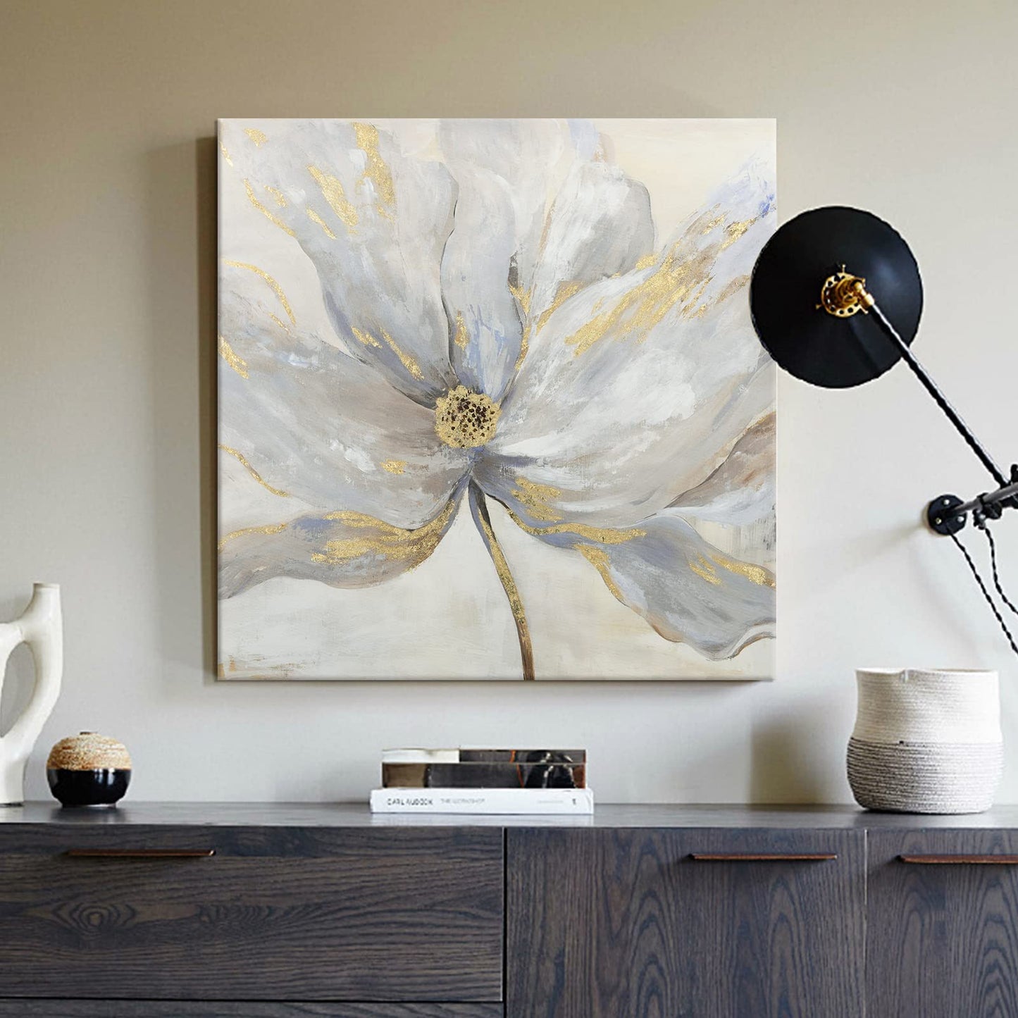 Goldfoilart Décoration murale florale moderne en fleurs blanches avec peintures en feuille d'or, œuvres d'art encadrées pour salon, chambre à coucher, cuisine, 61 x 61 cm x 2 pièces 